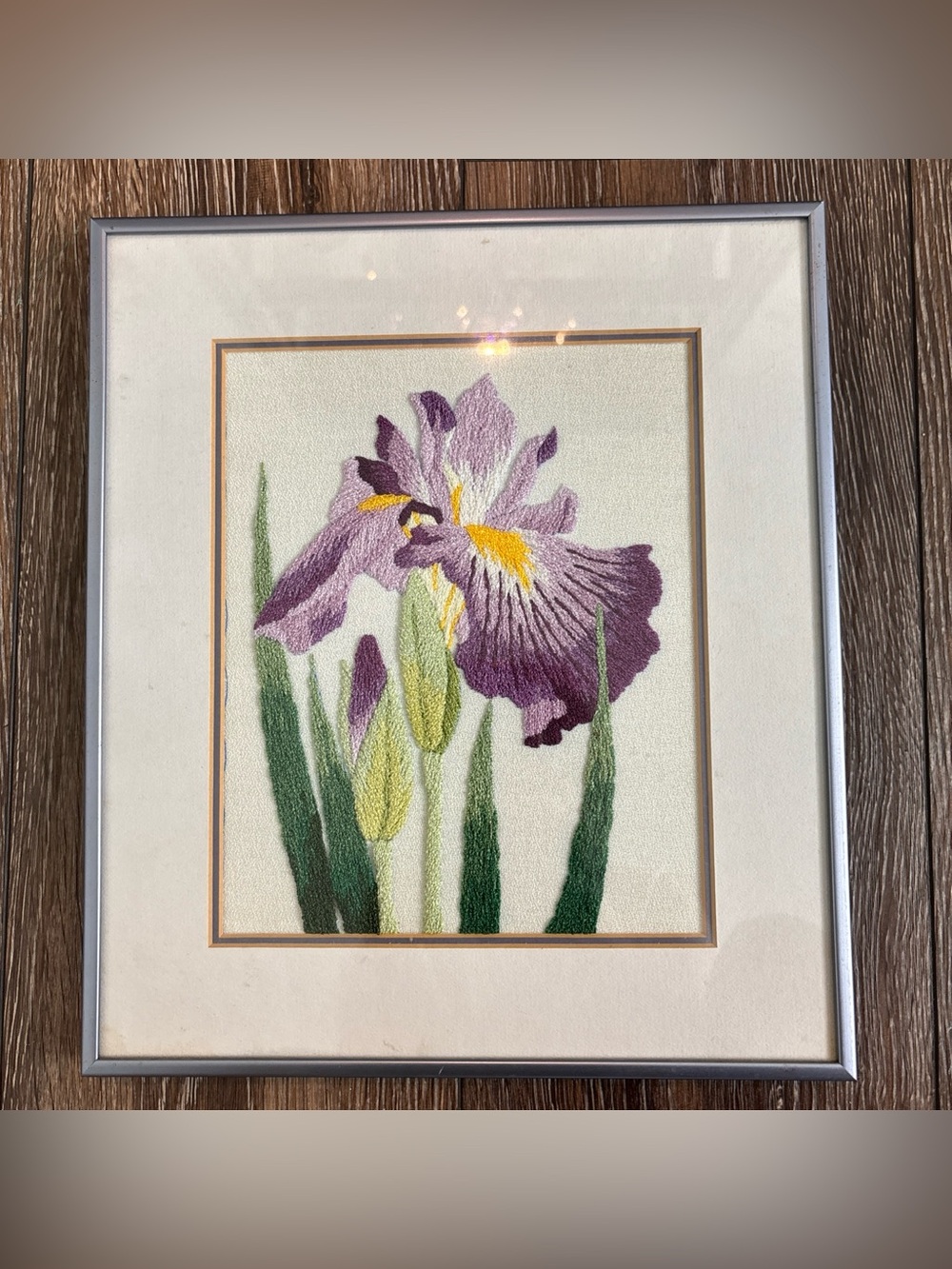 Vintage Framed PurpleFloral Needlepoint Art Needlecraft 12.5”x11”